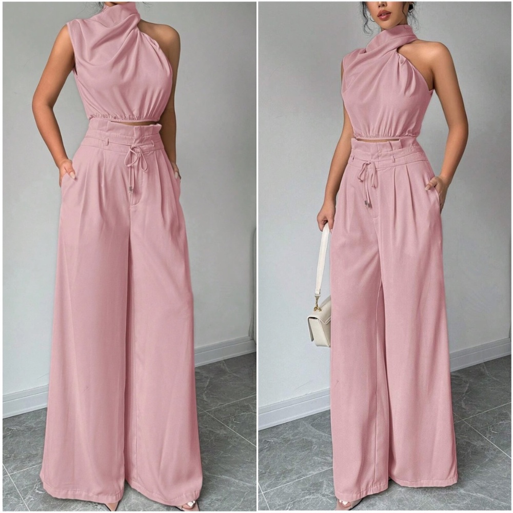Classic Solid One Shoulder Wide leg Pants Set - Picture 2 of 7